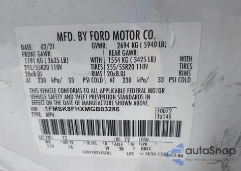 2021 Ford Explorer Limited из США, поврежденный, VIN 1FMSK8FHXMGB03286